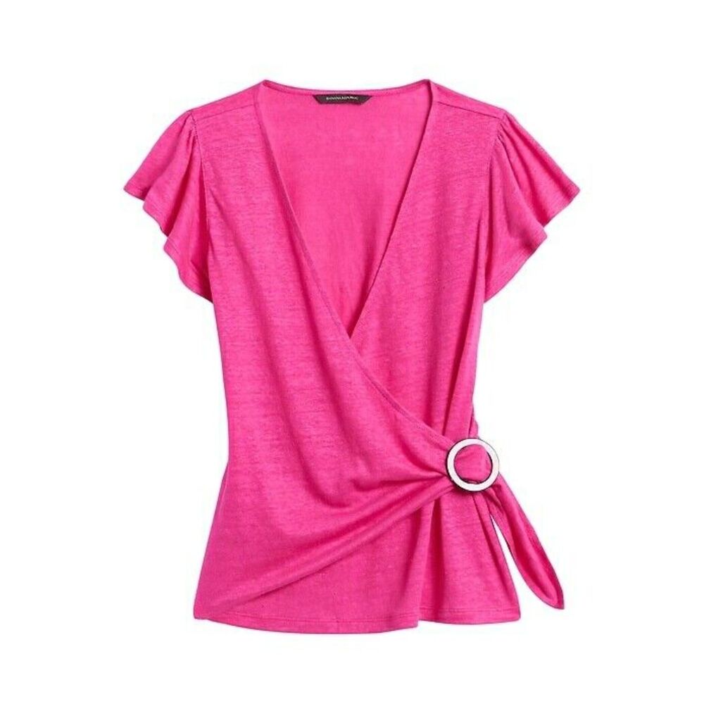 Pink Banana Republic Linen Wrap-Front Flutter Sleeve Top (NWT)